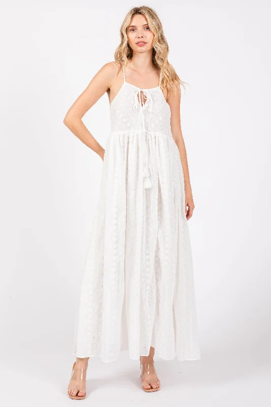 Ivory Embroidered Tassel Tie Maxi Dress