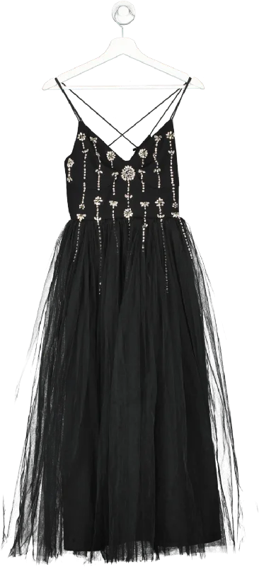 Karen Millen Black Crystal Embellished Tulle Midi Dress UK 6 Fashionable One-Shoulder Midi Dress Karen Millen Black Crystal Embellished Tulle Midi Dress UK 6 Fashionable One-Shoulder Midi Dress