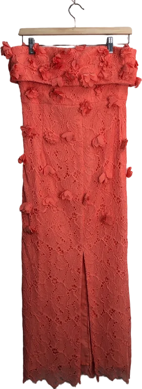 Karen Millen Coral Petal Floral Applique On Lace Woven Bandeau Midi Dress UK 8 Chic Off-Shoulder Midi Dress Karen Millen Coral Petal Floral Applique On Lace Woven Bandeau Midi Dress UK 8 Chic Off-Shoulder Midi Dress