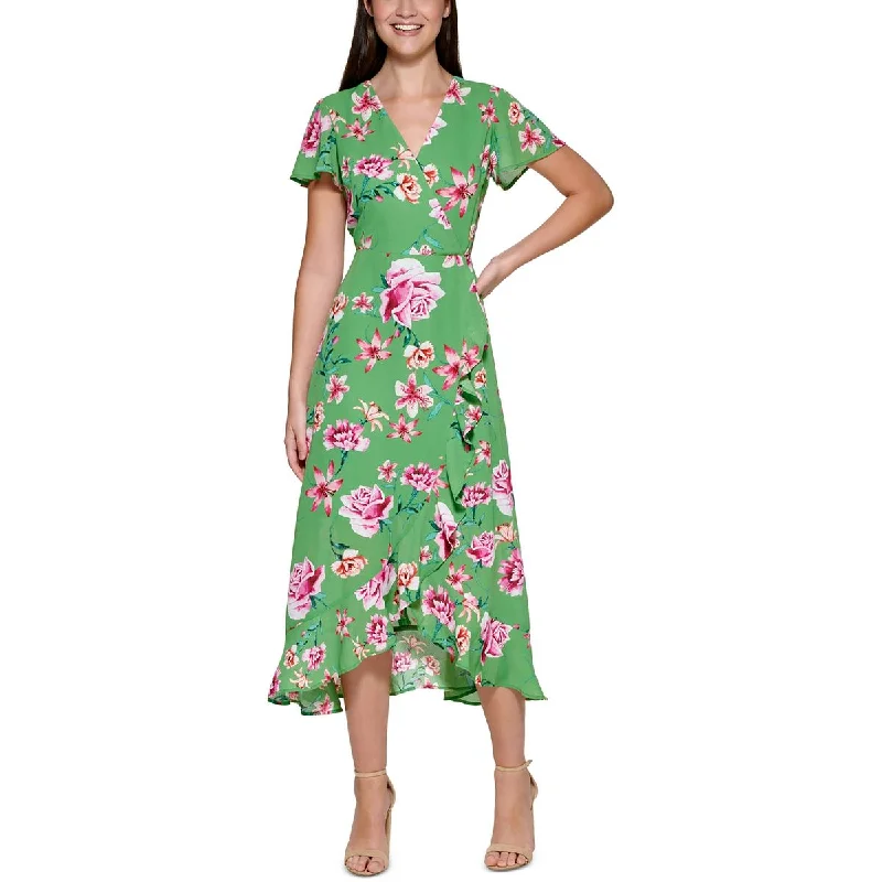 Kensie Womens Faux-Wrap Long Midi Dress Chic Floral Print Midi Dress
