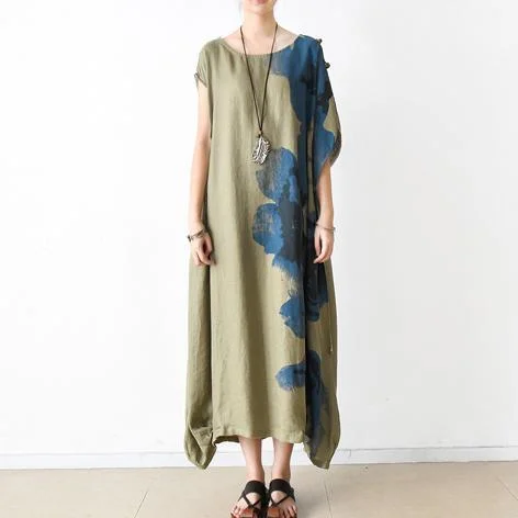 khaki print maxi dress loose casual linen sundress vintage short sleeve dresses