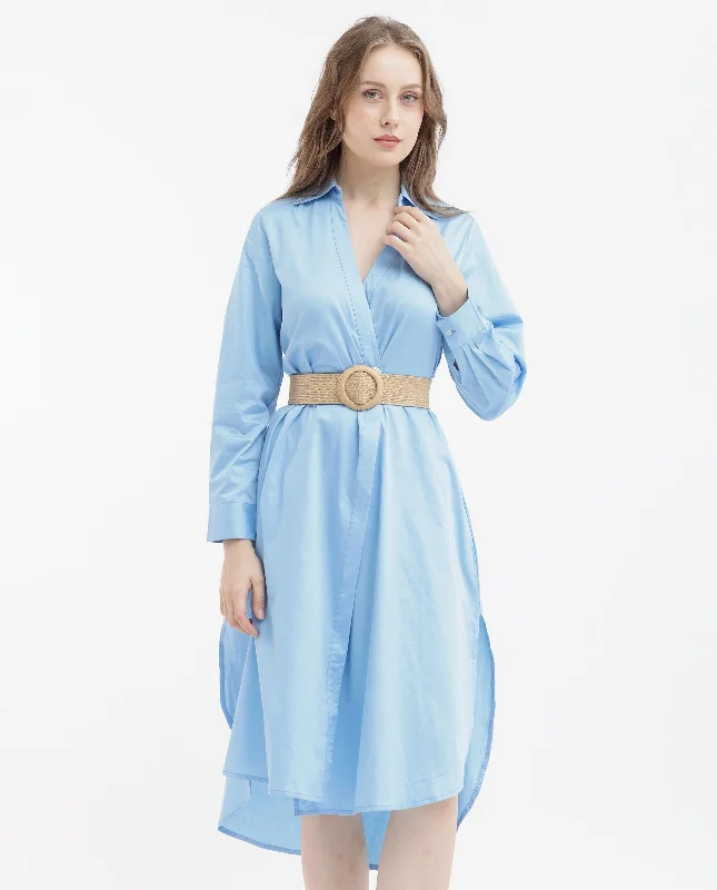 Rareism Women Kiril Light Blue Cotton Fabric Full Sleeves Button Closure Johnny Collar Cuffed Sleeve Relaxed Fit Plain Midi Dress