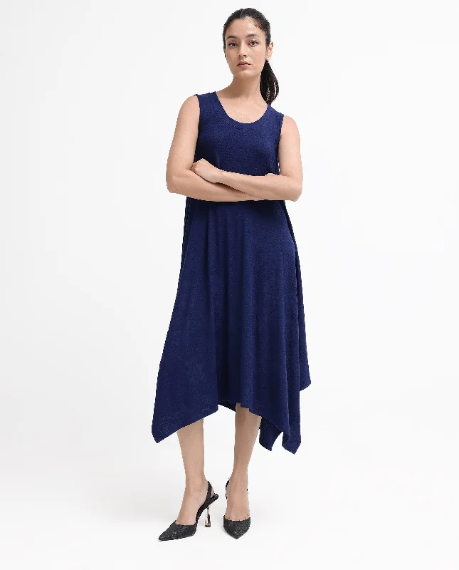 Rareism Women Kisame Dark Blue Sleeveless Crew Neck Flared Plain Midi Dress