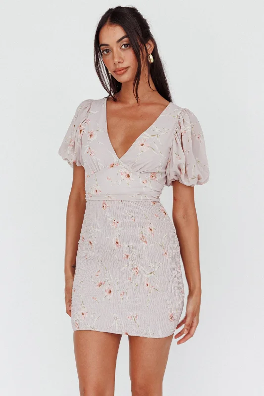 La Nena Shirred Mini Dress Floral Blush Trendy Button-Detail Mini Dress