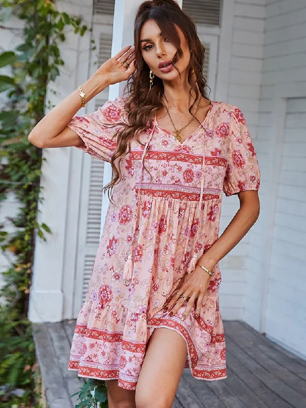 FashionSierra - Boho Floral Print High Waist Ruffles Sleeve Mini Dress