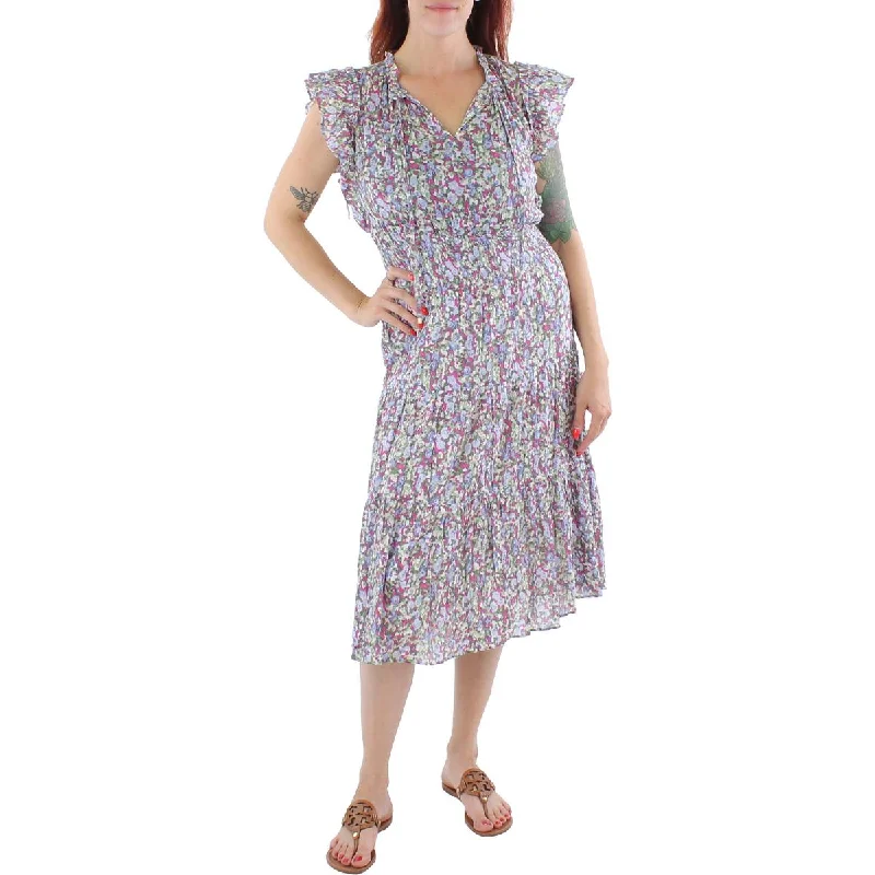 Lauren Ralph Lauren Womens Cotton Tiered Midi Dress Comfortable Lace-Up Midi Dress