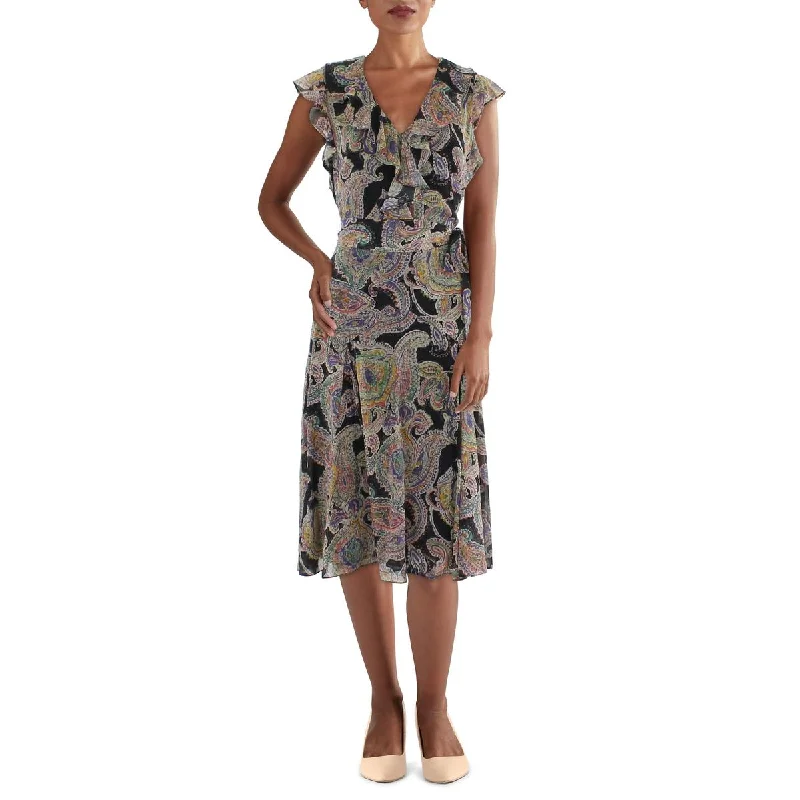 Lauren Ralph Lauren Womens Ruffled V Neck Midi Dress Fashionable Pencil Midi Dress