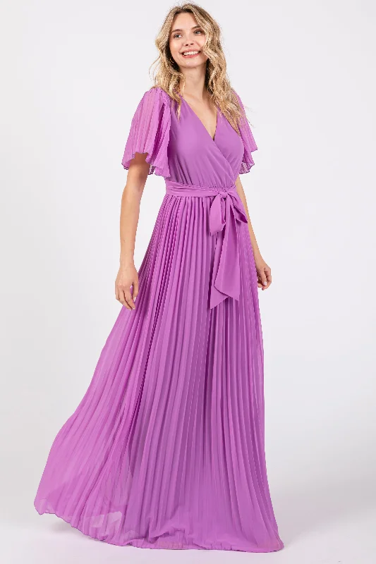 Lavender Chiffon Wrap Front V-Neck Short Sleeve Pleated Maxi Dress