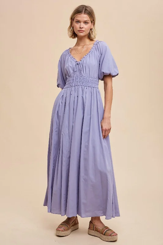 Lavender Smocked Puff Sleeve Maxi Dress