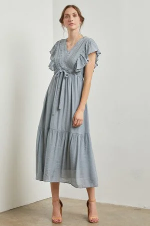 Light Blue Cuffed Sleeve Front Tie Maxi Dress