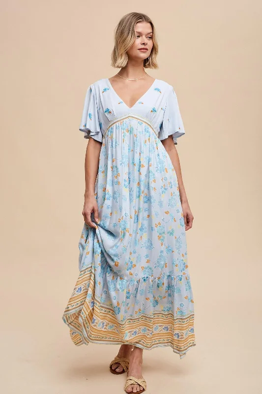 Light Blue Floral Flounce Sleeve Maxi Dress