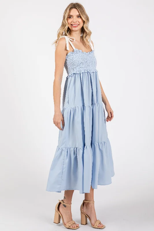 Light Blue Sleeveless Tiered Colorblock Strap Maxi Dress