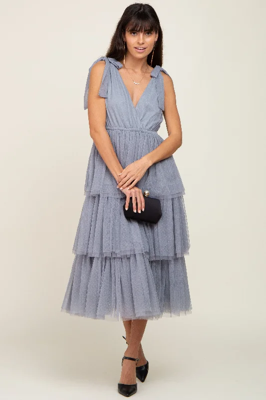 Light Blue Sleeveless Tiered Tie Strap Tulle Midi Dress Trendy Ruffle Hem Midi Dress Light Blue Sleeveless Tiered Tie Strap Tulle Midi Dress Trendy Ruffle Hem Midi Dress
