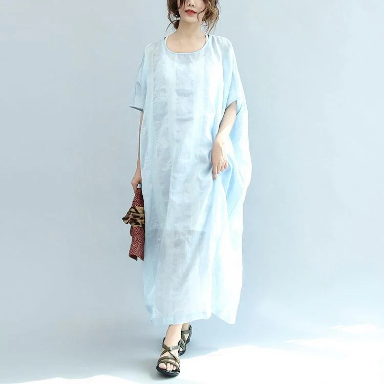 Light Blue Stylish Linen Dresses Plus Size Casual Sundress Short Sleeve Cotton Maxi Dress