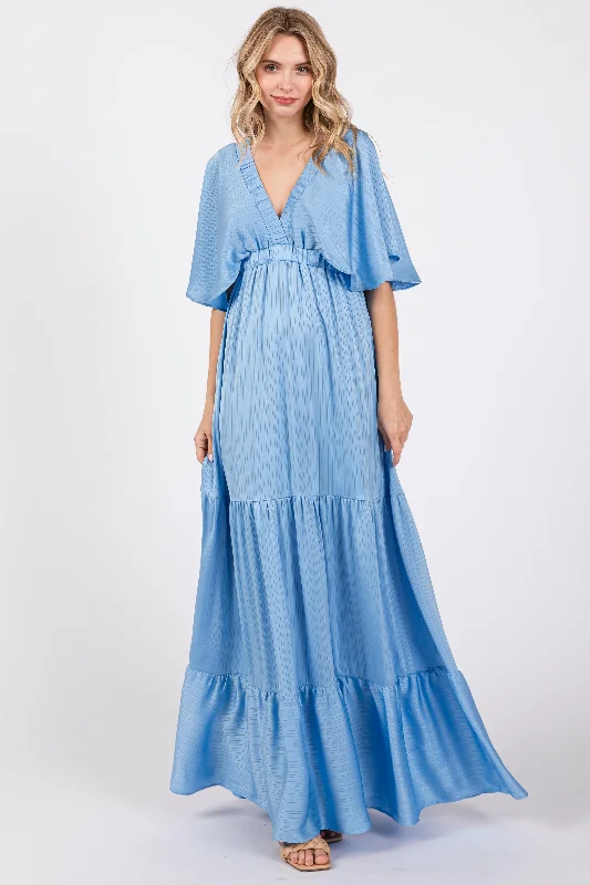 Light Blue V-Neck Flutter Sleeve Tiered Maxi Dress