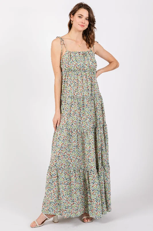 Light Olive Floral Ruched Square Neck Shoulder Tie Tiered Maxi Dress