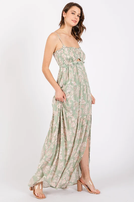 Light Olive Floral Sweetheart Smocked Front Cutout Maxi Dress