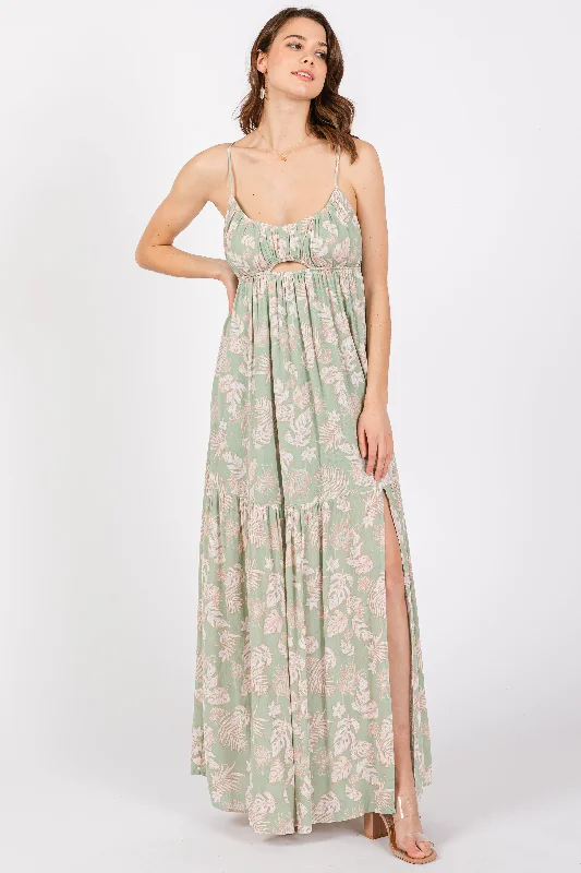 Light Olive Foral Front Cutout Open Cross Back Maxi Dress