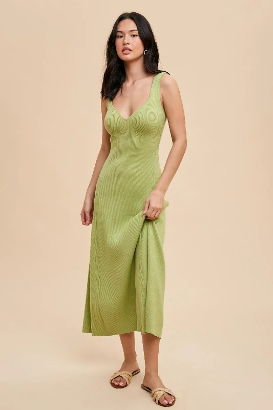 Light Olive Knit Deep V-Neck Maxi Dress