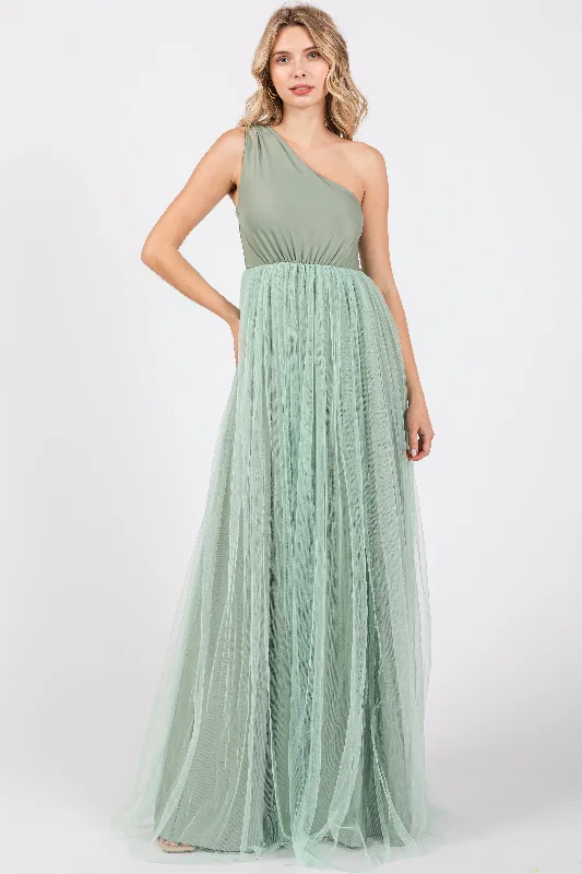 Light Olive One Shoulder Tulle Maxi Dress