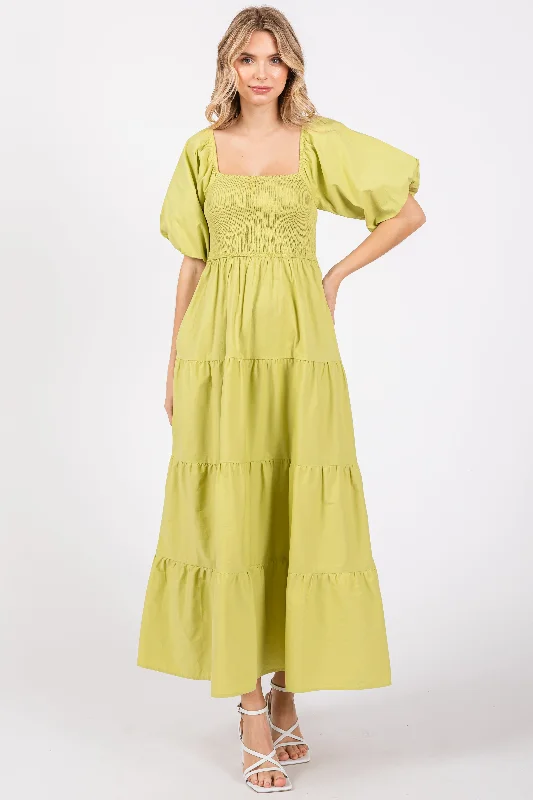 Light Olive Smocked Square Neck Puff Sleeve Tiered Maxi Dress