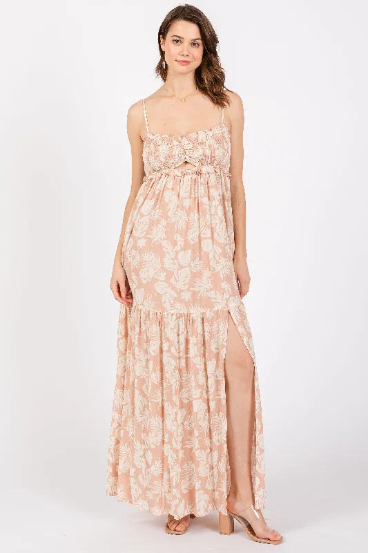 Light Pink Floral Sweetheart Smocked Front Cutout Maxi Dress