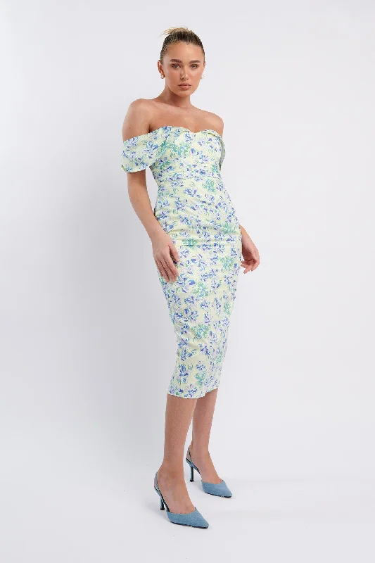 Lillianne Off-Shoulder Midi Dress Floral Blue