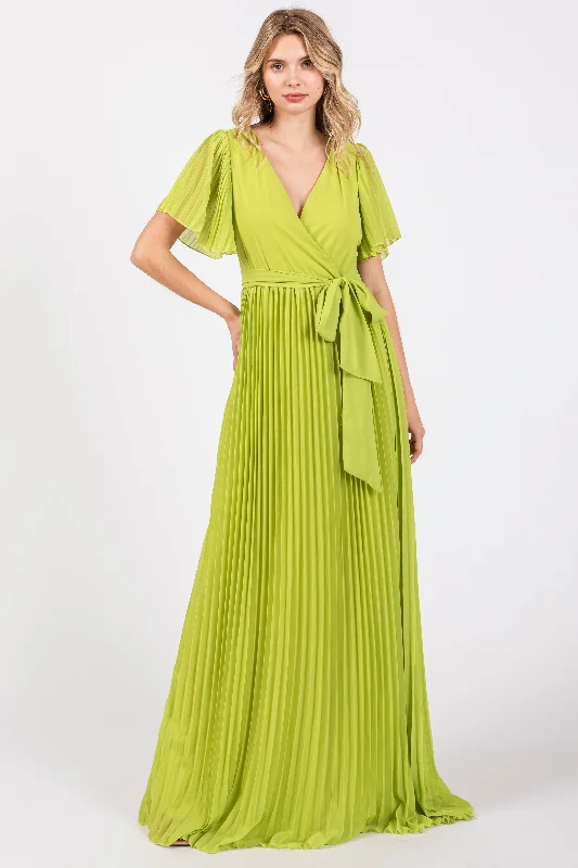 Lime Chiffon Wrap Front V-Neck Short Sleeve Pleated Maxi Dress