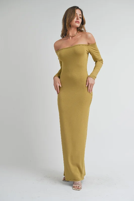 Lime Off Shoulder Long Sleeve Maxi Dress