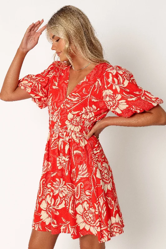 Lochi Mini Dress - Red Floral Fashionable A-Line Mini Dress