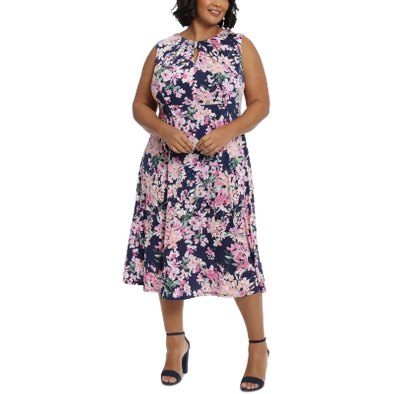 London Times Womens Plus Floral Print  Midi Dress Trendy Flared Sleeve Midi Dress