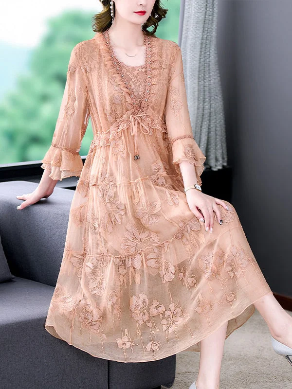 Loose Natural Silk Floral Embroidered Midi Dress Trendy Boho Midi Dress