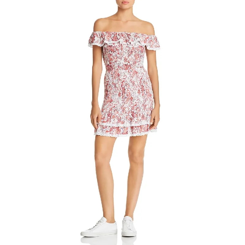 Lost + Wander Sofia Women's Smocked Paisley Print Off-The-Shoulder Mini Dress Cozy Ruched Mini Dress Lost + Wander Sofia Women's Smocked Paisley Print Off-The-Shoulder Mini Dress Cozy Ruched Mini Dress