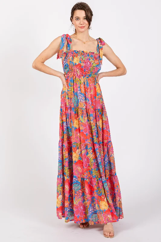 Magenta Floral Shoulder Tier Smocked Maxi Dress