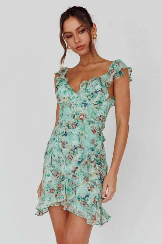 Make Memories Frill Strap Mini Dress Floral Mint Chic Pleated Mini Dress