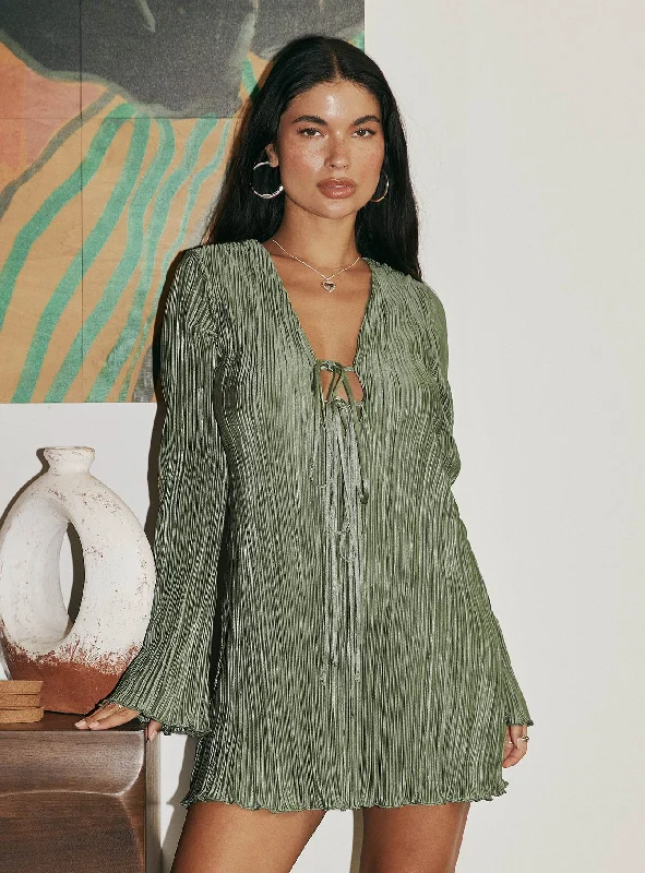 Malop Long Sleeve Mini Dress Sage Fashionable Mini Dress with Frills