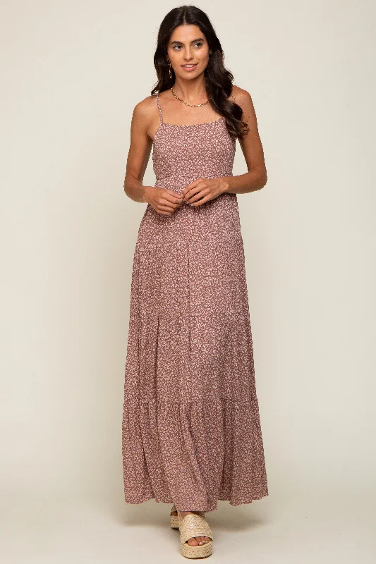 Mauve Ditsy Floral Tiered Maxi Dress