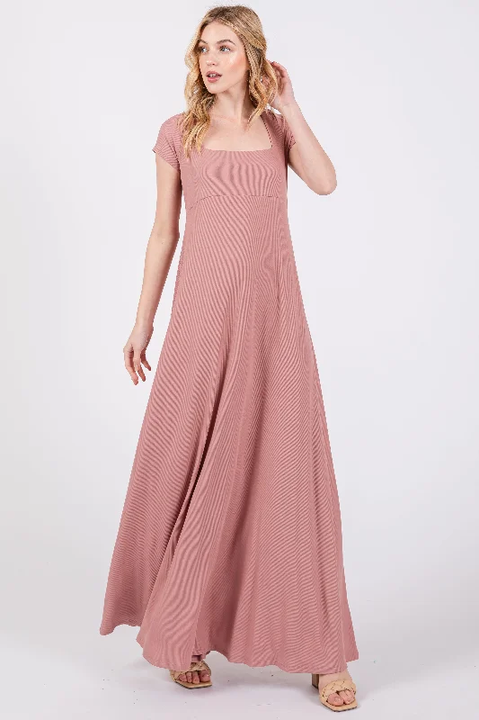 Mauve Ribbed Square Neck Short Sleeve Maxi Dress