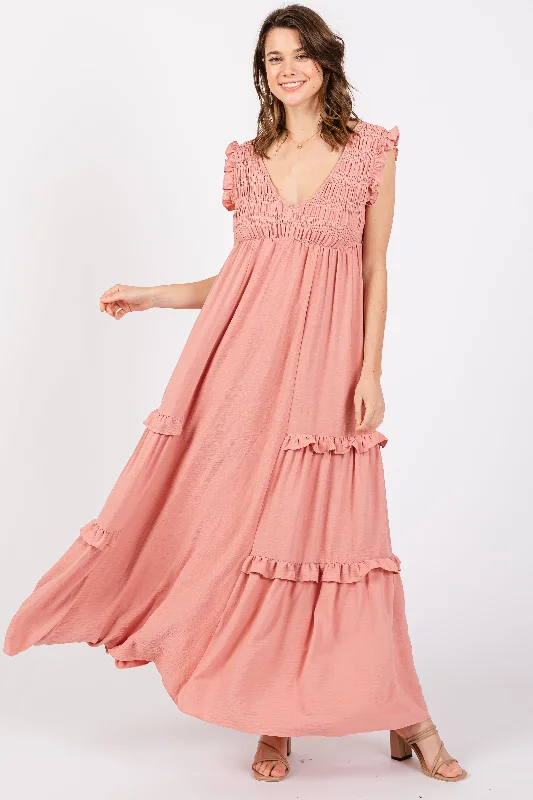 Mauve Smocked Ruffle V-Neck Maxi Dress