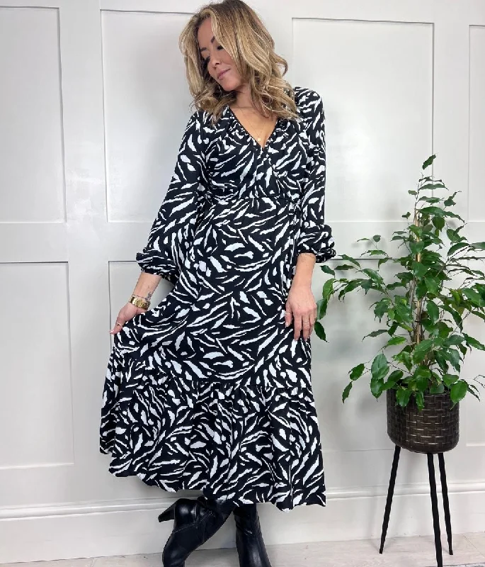 Monochrome Wrap Midi Dress