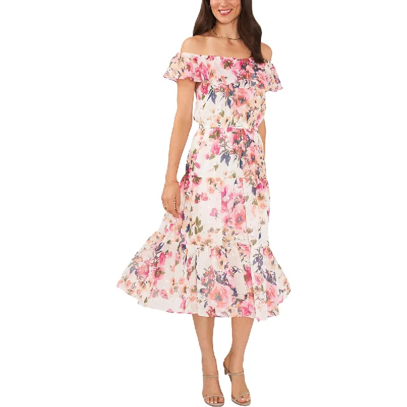 MSK Womens Floral Off-The-Shoulder Midi Dress Comfortable Denim Midi Dress