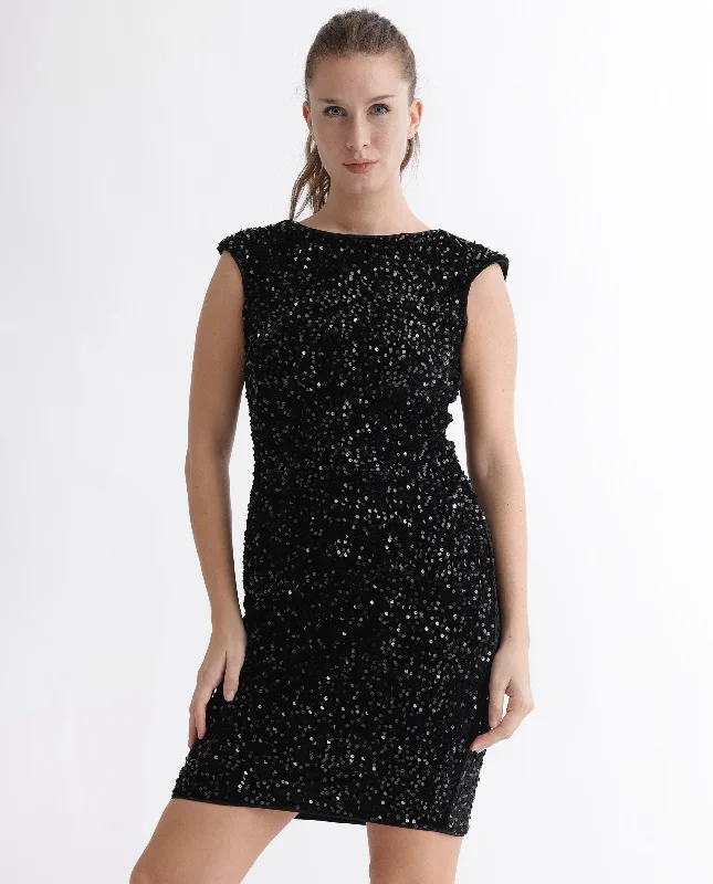 Rareism Women Mulan Sheen Black Round Neck Sleeveless Sequin Party Mini Dress Trendy Camisole Mini Dress Rareism Women Mulan Sheen Black Round Neck Sleeveless Sequin Party Mini Dress Trendy Camisole Mini Dress