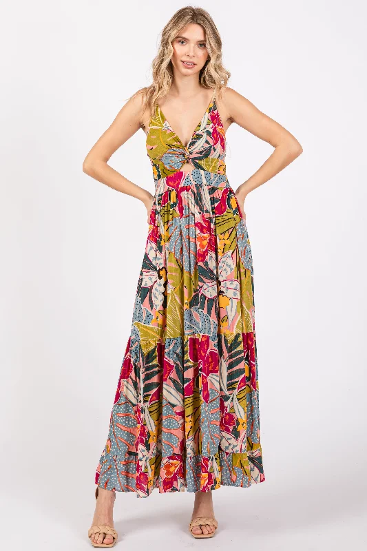 Multi-Color Floral V-Neck Front Knot Tiered Maxi Dress