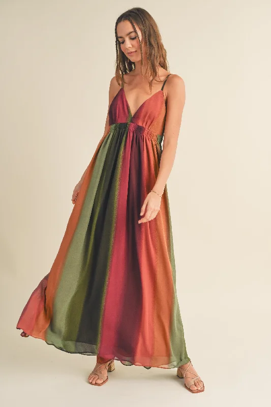 Multi-Color Ombre Chiffon V-Neck Maxi Dress