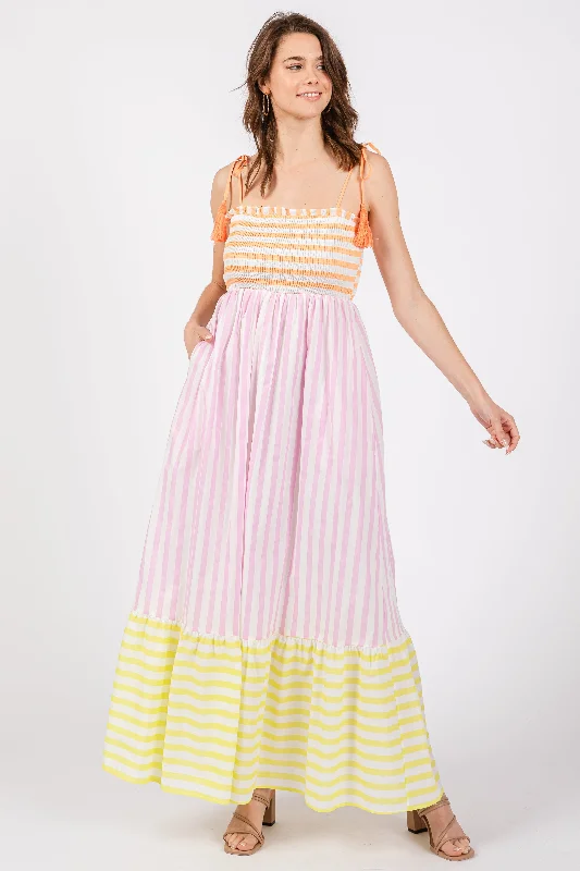 Multi-Color Striped Color Block Shoulder Tie Maxi Dress