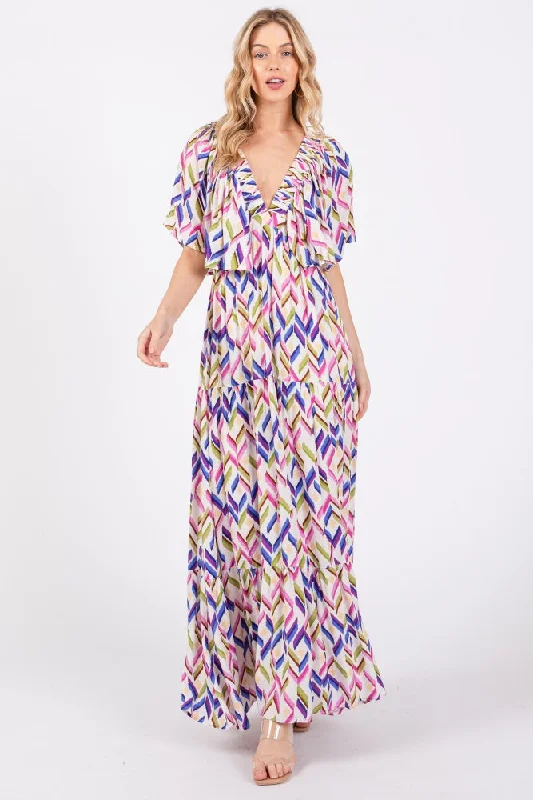 Multicolor Printed Deep V-Neck Tiered Maxi Dress