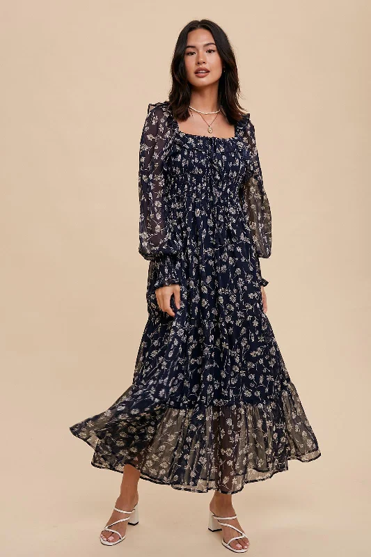 Navy Blue Floral Ruffle Square Neck Smocked Maxi Dress