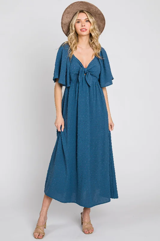 Navy Blue Textured Dot Front Tie Ruffle Sleeve Midi Dress Stylish High-Waisted Midi Dress Navy Blue Textured Dot Front Tie Ruffle Sleeve Midi Dress Stylish High-Waisted Midi Dress