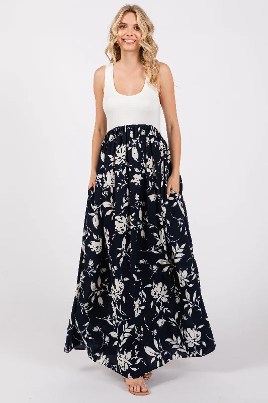 Navy Colorblock Floral Maxi Dress