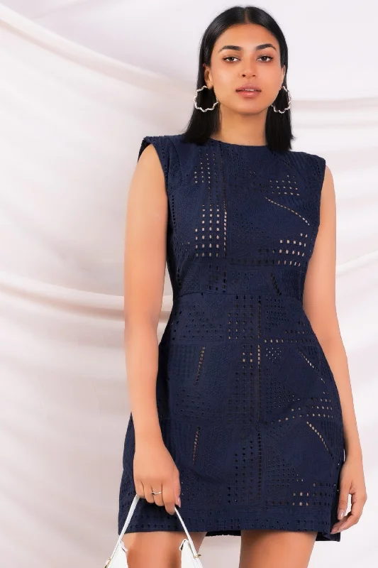 Navy Eyelet Mini Dress Comfortable Wrap Mini Dress